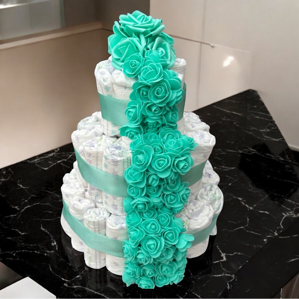 Tiffany Blue 3-tier Diaper Cake - best Baby Shower Gift & Centerpiece! L